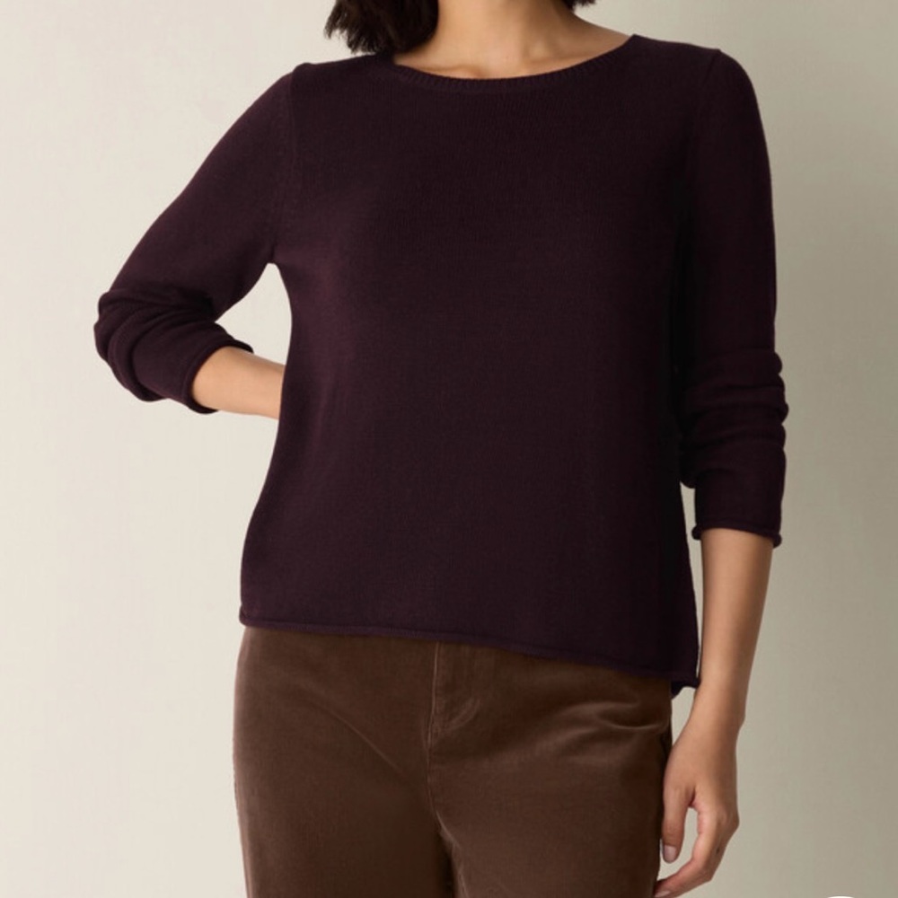Eileen Fisher Peruvian Cotton blend bateau neck sweater in Cassis, L, NWT.